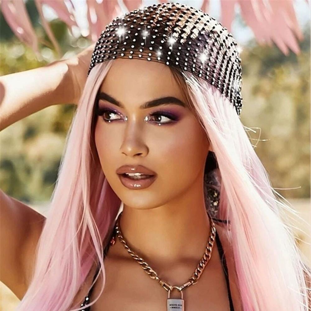 Fashion Elastic Rhinestone Hat Ball Cosplay Mesh Rhinestone Pirate Hat Hollow Out Snood Scarf Cap Women