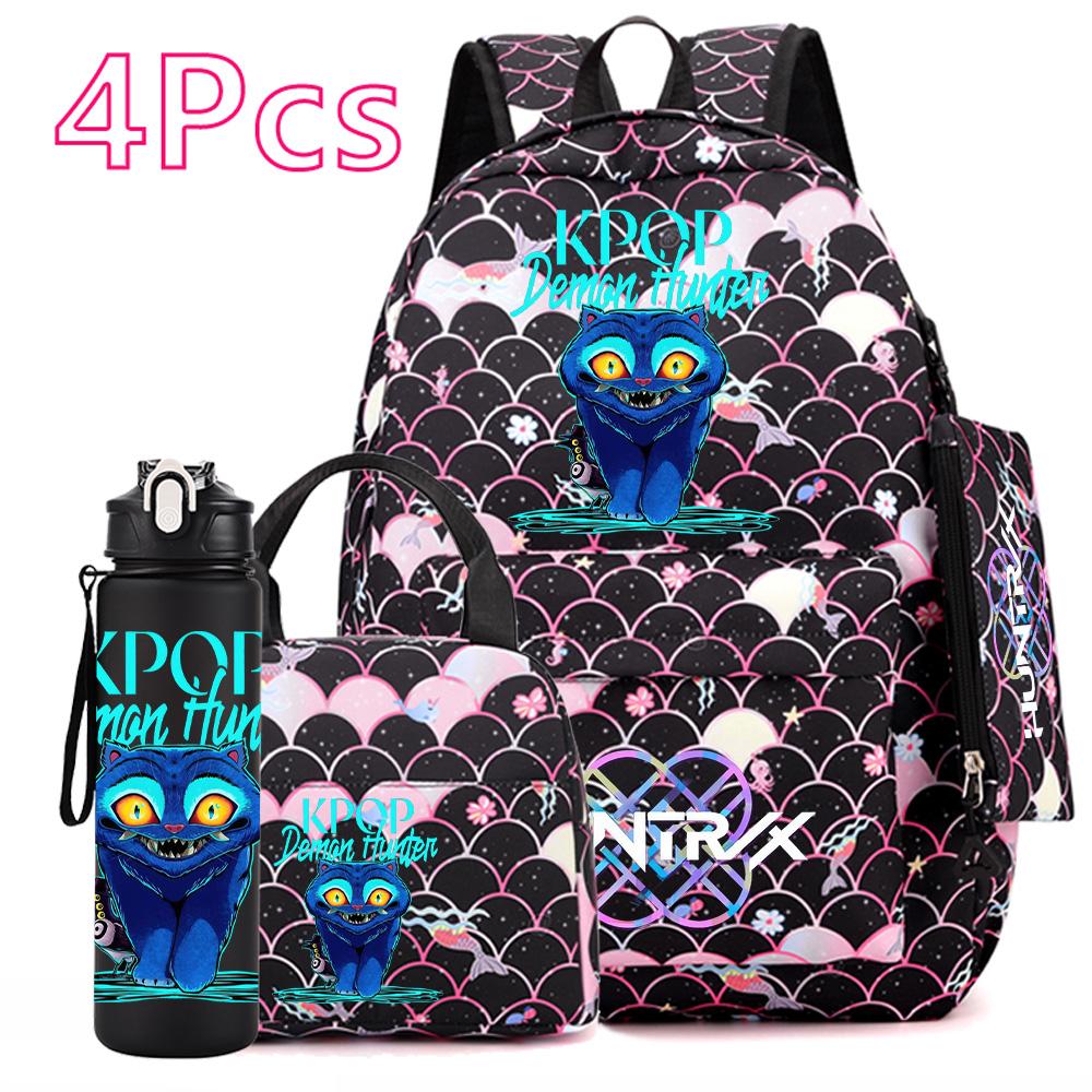 4Pcs/set Anime Cute K-POP Printed Backpack Large Capacity Bookbag HandBag Case Bag with 750ml Water Bottler Boy Girl SchoolBag Waterproof Mochila