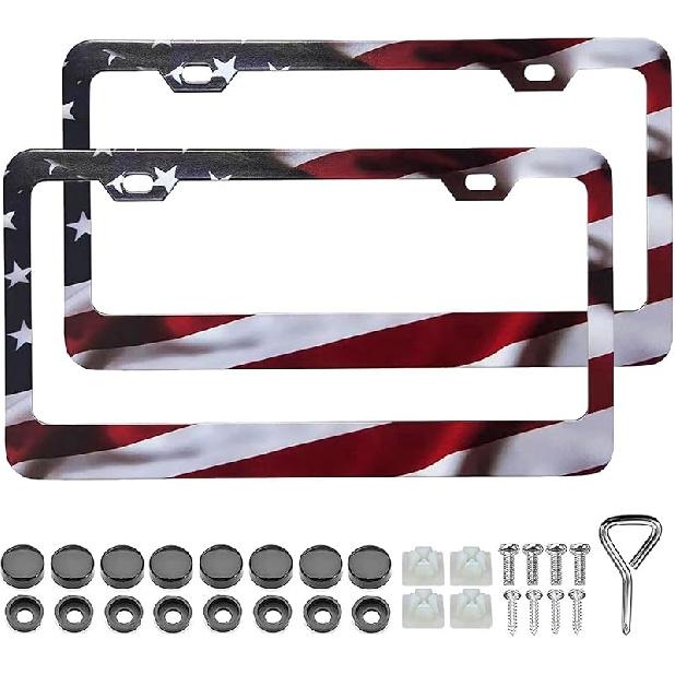 American Flag License Plate Frame Holder - 2 Pack Universal Aluminum Matte Stripe US Flag Gloss Patriotic Car Plate Frame Covers With Free Screws