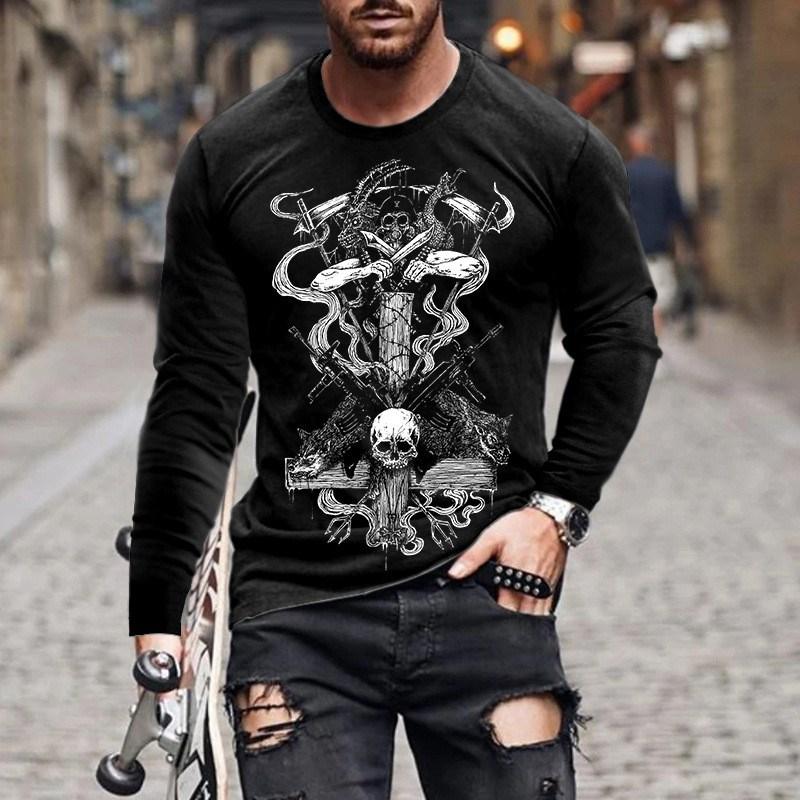 Long Sleeve T-Shirts Skull 3D Printed Streetwear Men's Round-Neck Horror Halloween Man Tops Loose Gothic Round-Neck Tees T Shirt