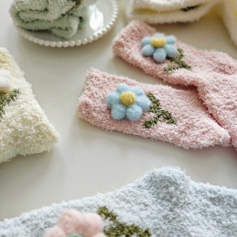 Japanese Women Girl Cute Coral Fleece Slipper Socks 3D Plush Flower Thicken Warm Thermal Fuzzy Floor Sleeping Socks