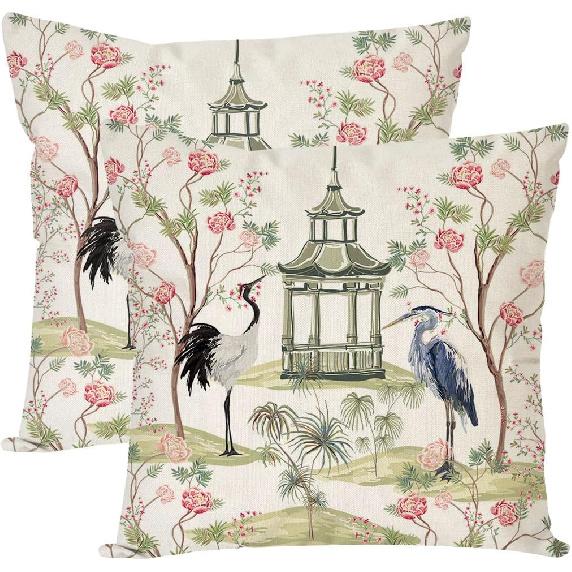 PANDICORN Chinoiserie Throw Pillow Covers 18x18 Inch Pagoda Crane Pink Green Vintage Outdoor Grandmillennial Decorations Decorative Throw Pillows 18 x 18 (Pack of 1)