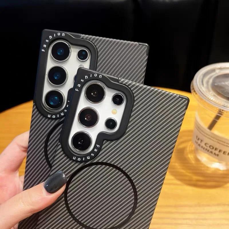 Premium Carbon Fiber Magnetic Case for Samsung Galaxy S25 S24 S23 S22 Ultra Plus Mag-safe Charging Reinforced Protection Cover