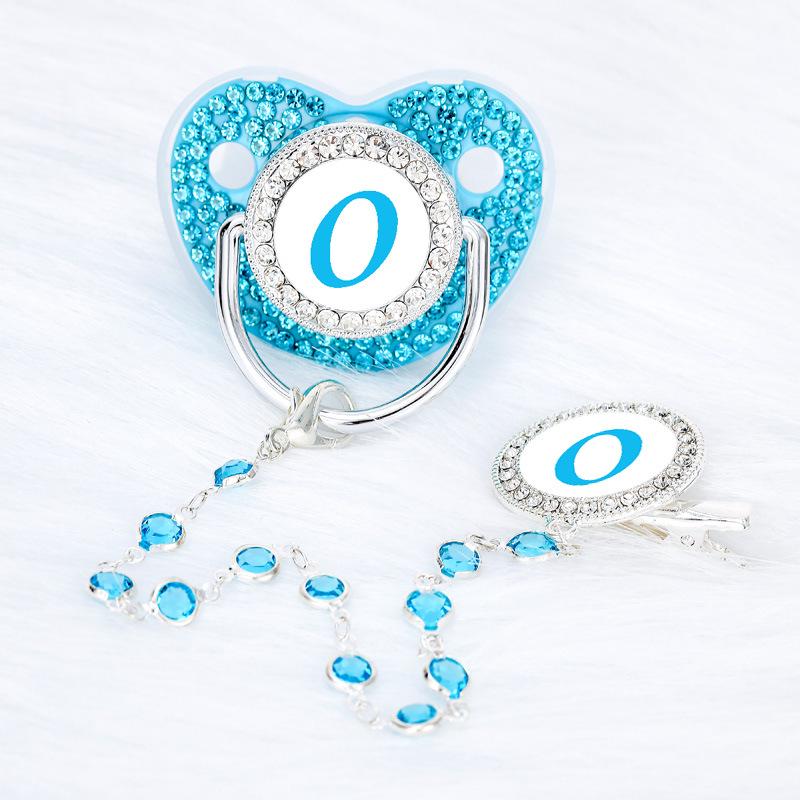 Lake Blue Rhinestone Baby Pacifier with Beaded Chain Clip