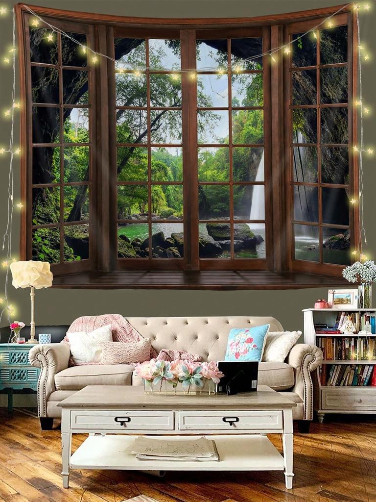 Tapisserie Fenêtre 3D Cascade Forêt Fenêtre Factice Paysage Naturel Impression Accrochage Mural Pour Chambre Salon Décoration Intérieure Multiple