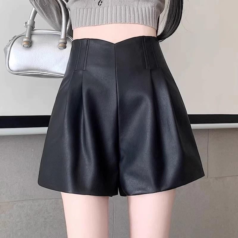 Women's Fall Winter Coffee Mini PU Leather Shorts High Waisted A-Line Wide Leg Petite Outer Wear Base Pants Mini Shorts Versatile Slim Fit Hot Pants