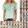 Damen Kurzarm Baumwoll-Leinenhemd mit Modischem Print Henley Knopfleiste und Brusttasche Lockerer Schnitt Lässiges Oberteil