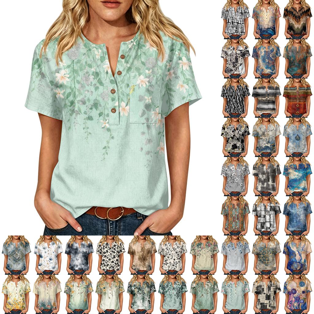 Damen Kurzarm Baumwoll-Leinenhemd mit Modischem Print Henley Knopfleiste und Brusttasche Lockerer Schnitt Lässiges Oberteil