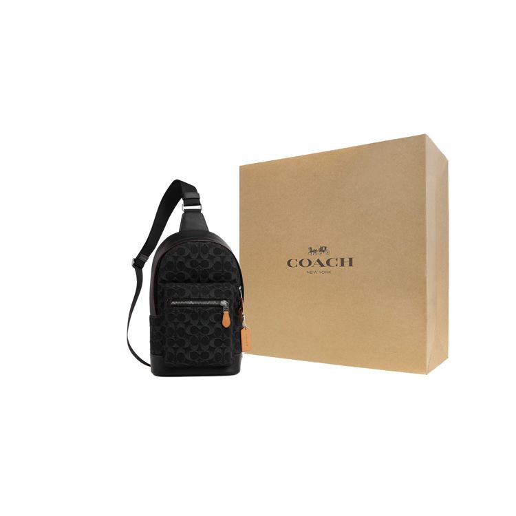 Coach West 20 Classic Logo Multifunction Pocket Zipper Fabric With Leather Shoulder Bag Crossbody Bag Chest Bag Small Men bags Khaki Black CO913-SVBK