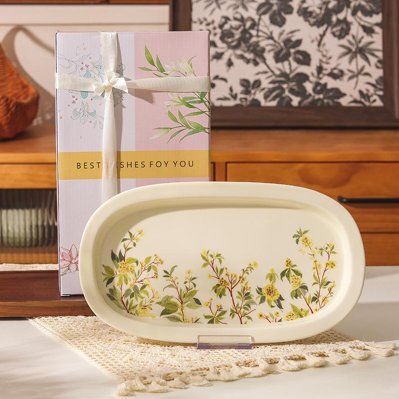 Retro Crape Myrtle Flower Ceramic Tableware Set High Value Dish Set Household Vegetable Plate Soup Plate Rice Bowl Soup Gift