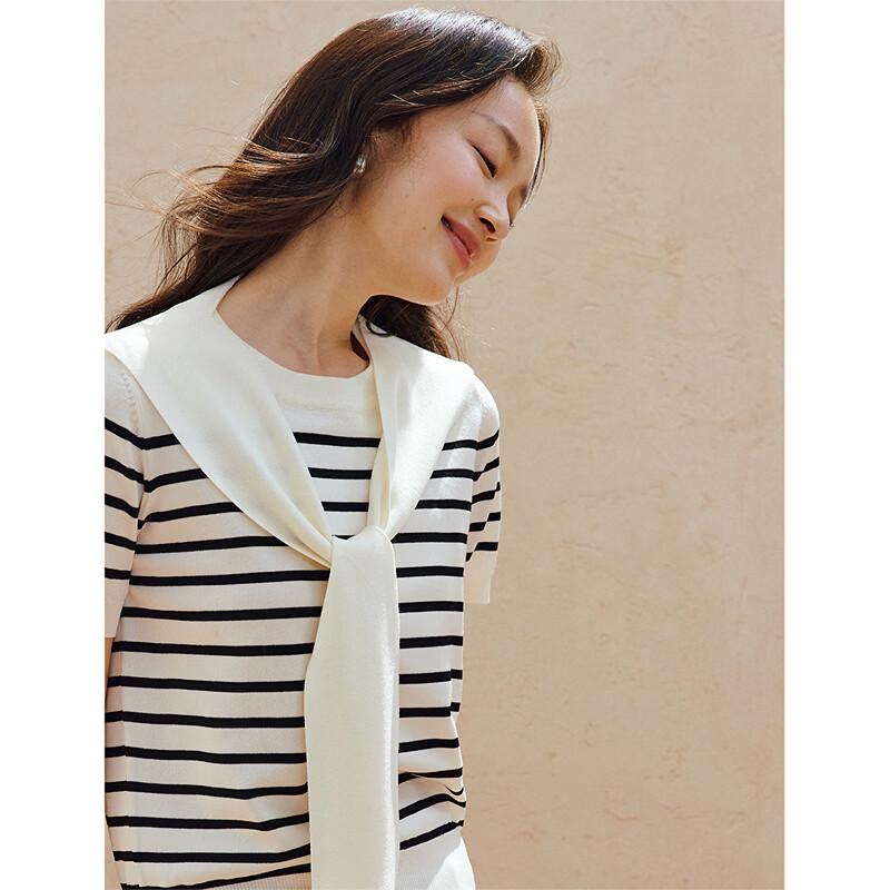 INMAN Women's Ice Silk Striped Knit Short Sleeve Top with Detachable Shawl