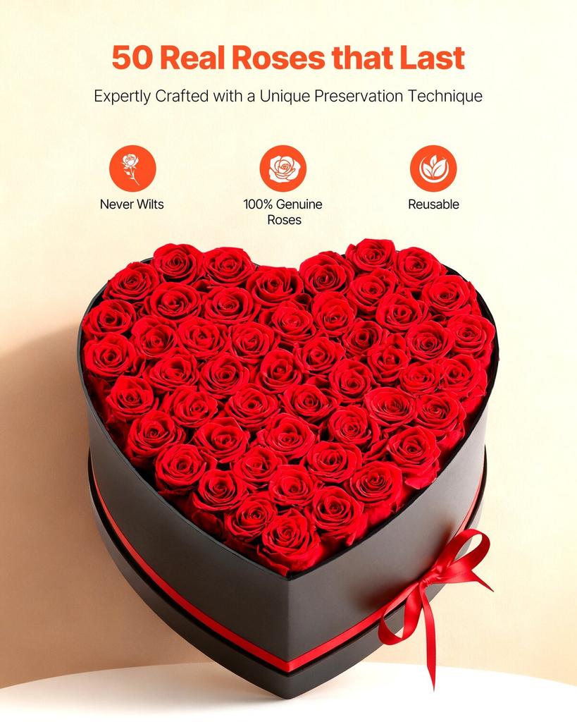 Forever Flowers, 50 konservierte Rosen in einer Herzform-Box, Ewige Blumen Unsterbliches Bouquet Geburtstagsgeschenk zur Lieferung Prime Frauen Ihr Ehefrau Mütter,