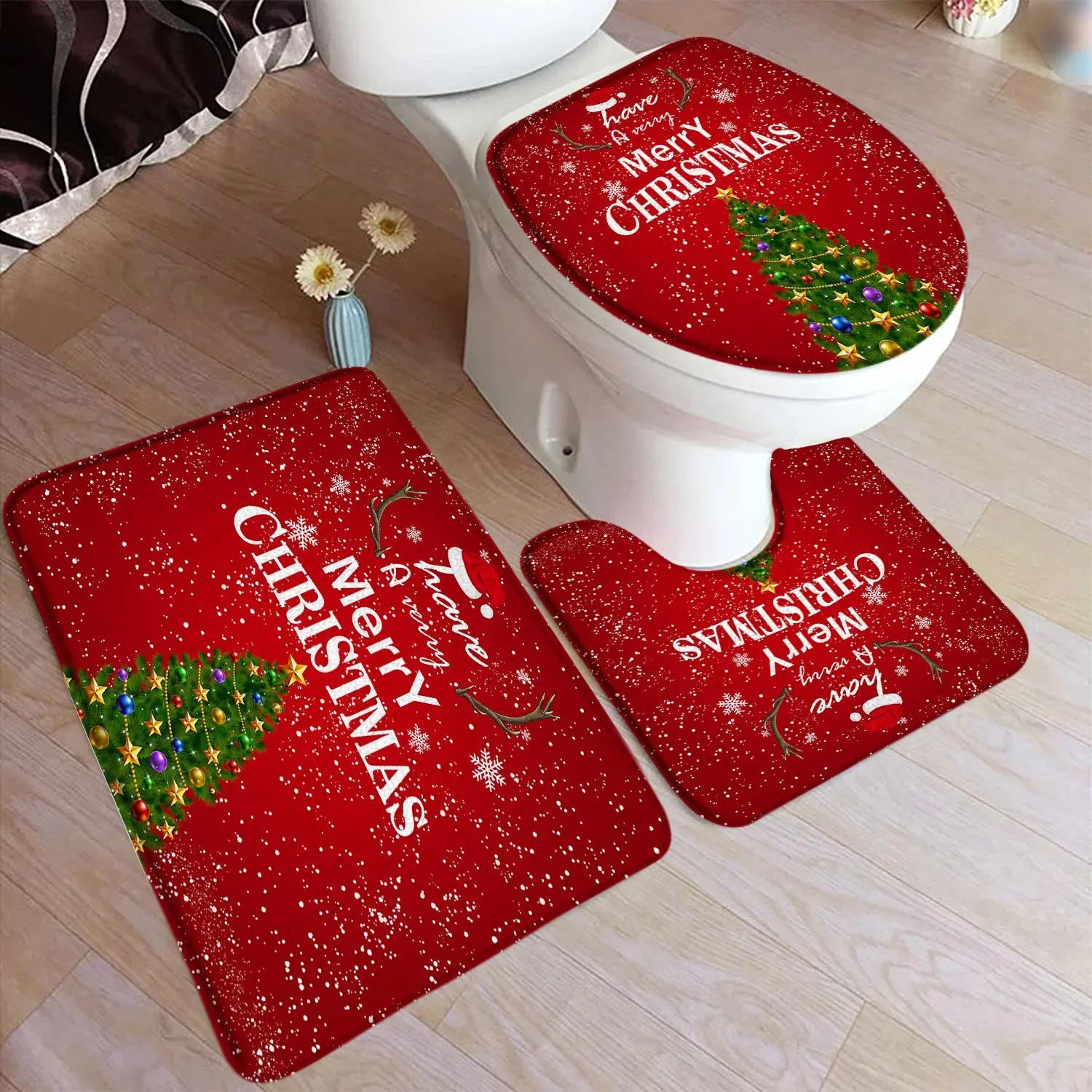 3-delige Merry Christmas Badmat Set Kerstboom Rood Winter Nieuwjaar Toiletdeksel Voetkleed Antislip Badkamer Accessoireset 45X75CM