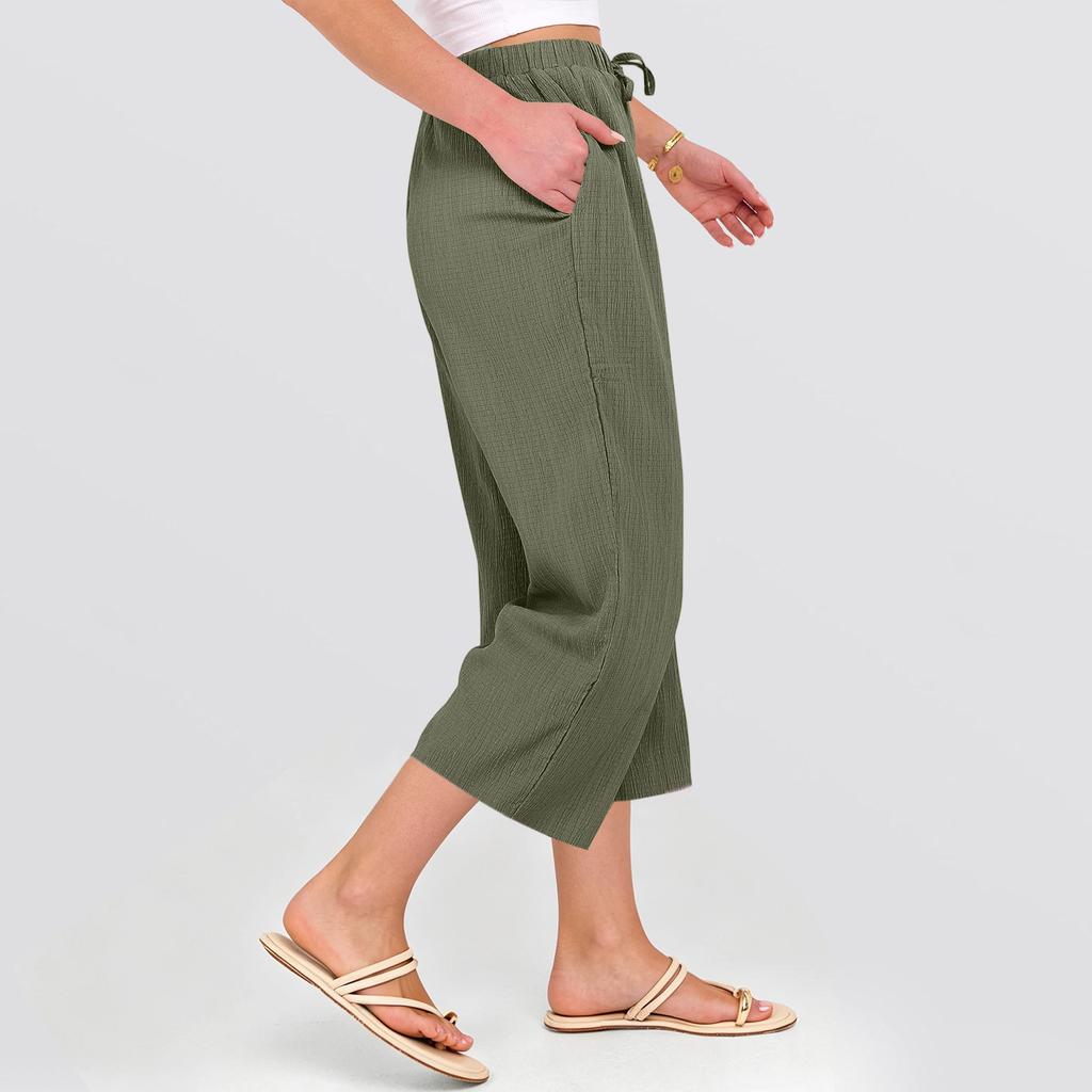 Women Drawstring Waist Wide Leg Pants Loose Fit Cropped Trousers Lightweight Elastic Waistband Casual Style