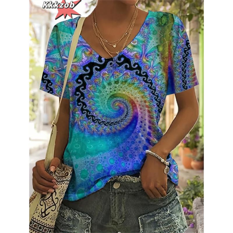 Damen T-Shirts V-Ausschnitt 3D Kunstdruck Tops Locker Kurzarm T-Shirts Sommer Streetwear Mode Lässig Übergroße Damenbekleidung