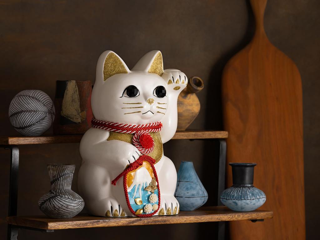 Lucky Cat Mount Fuji Left Paw Raised Ceramic Lucky Cat Maneki Neko Fujiyama Lucky Feng Shui Figurine with Offering Box (L-SIZE White) / - (fj_L White)