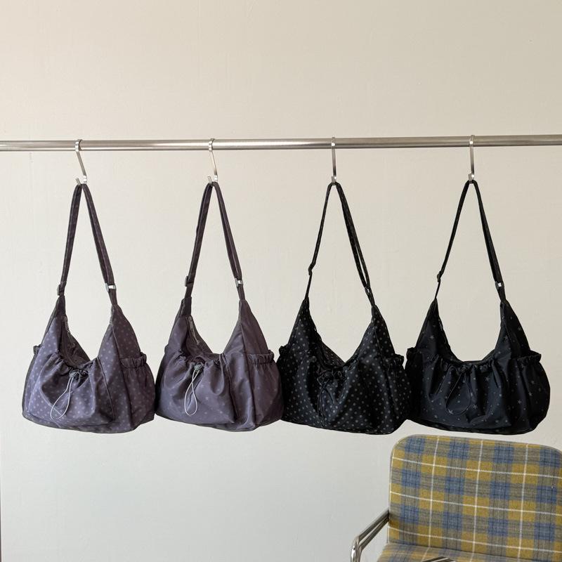 Korean Style Artistic Polka Dot Drawstring Pleated One-Shoulder Crossbody Bag for Women - Large Capacity, Portable, and Perfect for Commutes.