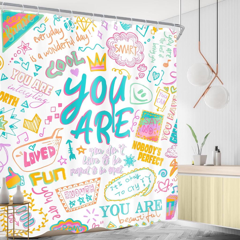White Kids Quote Shower Curtain, Abstract Funny Teal Teen Inspirational Art Decor with Hooks