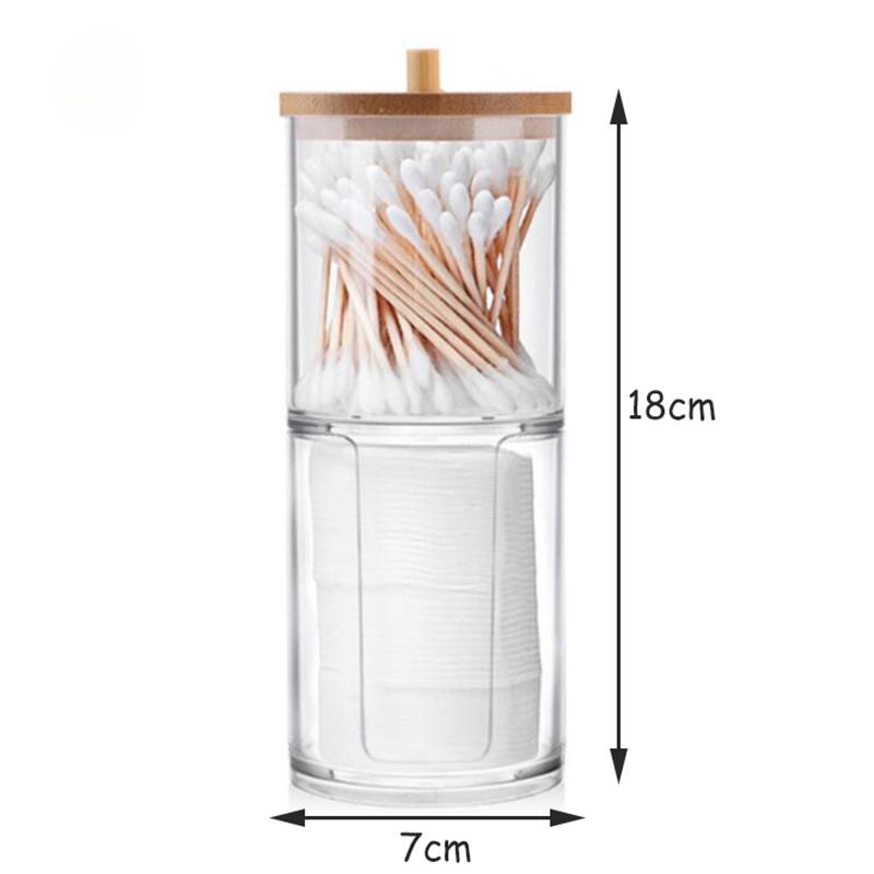 1 boîte de rangement en acrylique pour salle de bain, pot de maquillage, support rond pour coton-tige, distributeur avec couvercle en bambou