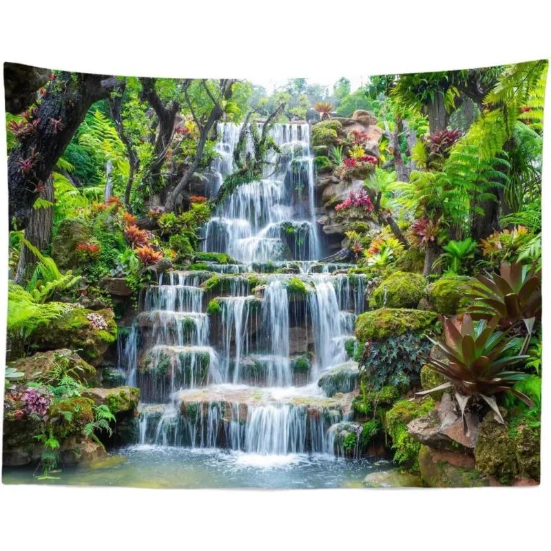 Tropical Waterfall Tapestry Lush Green Forest Nature Scenery Wall Hanging Aesthetic Decor for Bedroom Living Room 100X70CM