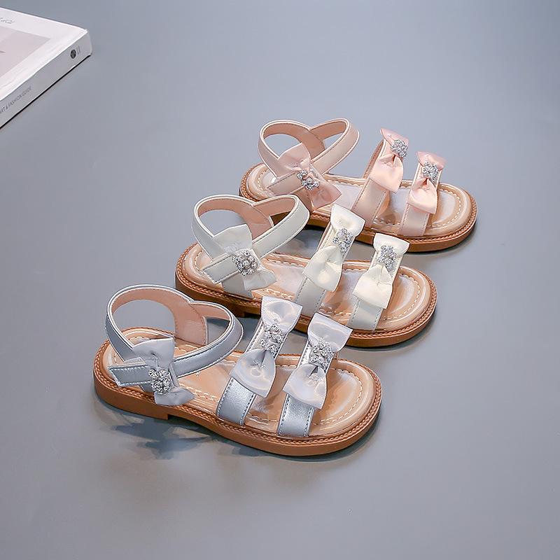 Summer Girls Open Toe Rhinestone Bow Princess Sandals Kids Stage Performance Dress Shoes