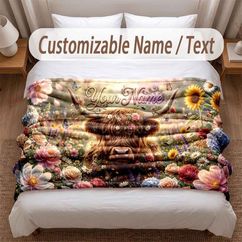 Highland Cow Theme Soft Blanket Personalized Custom Name Text Print Warm Blanket Home Sofa Bedroom Decor