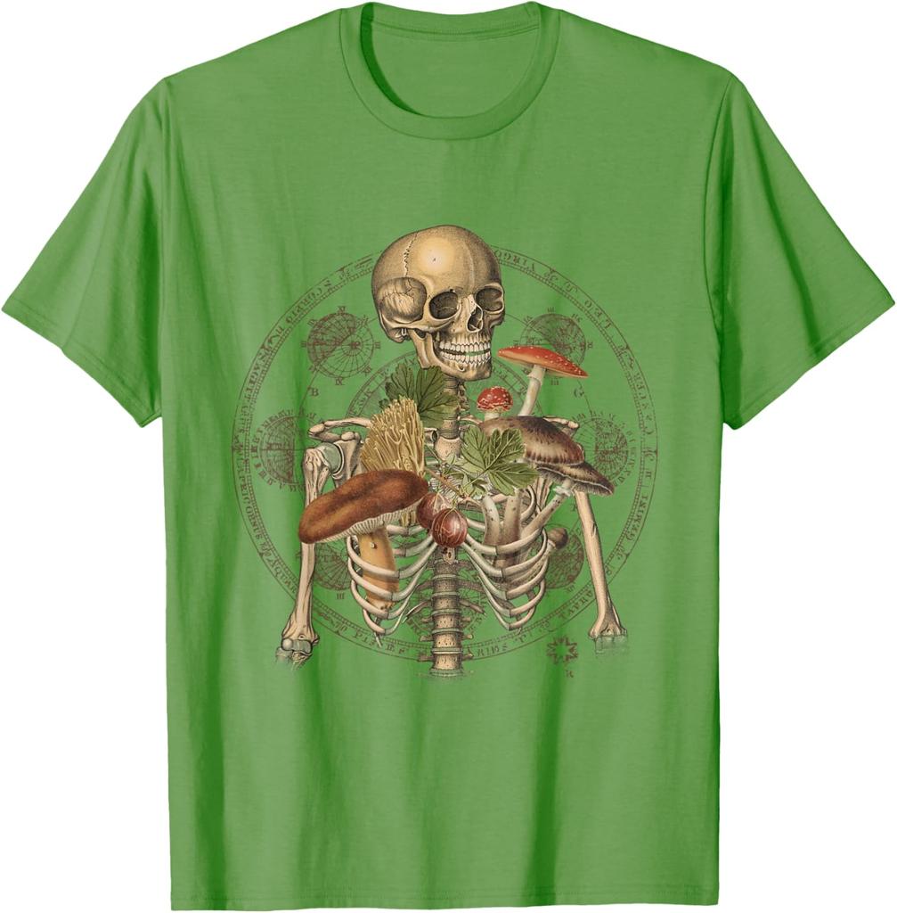 Skeleton With Mushrooms Goblincore Mycologist Fungi Graphic Tee Cotton Casual Trip T-Shirt