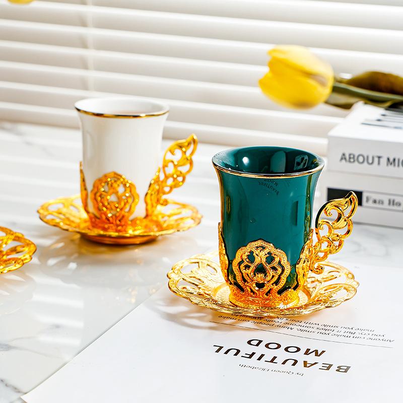 

Nordic Light Luxury Ceramic Coffee Cups with Dish Gold Edged Afternoon Tea Cup Set Creative Office Mug Household Drinkware 100ML