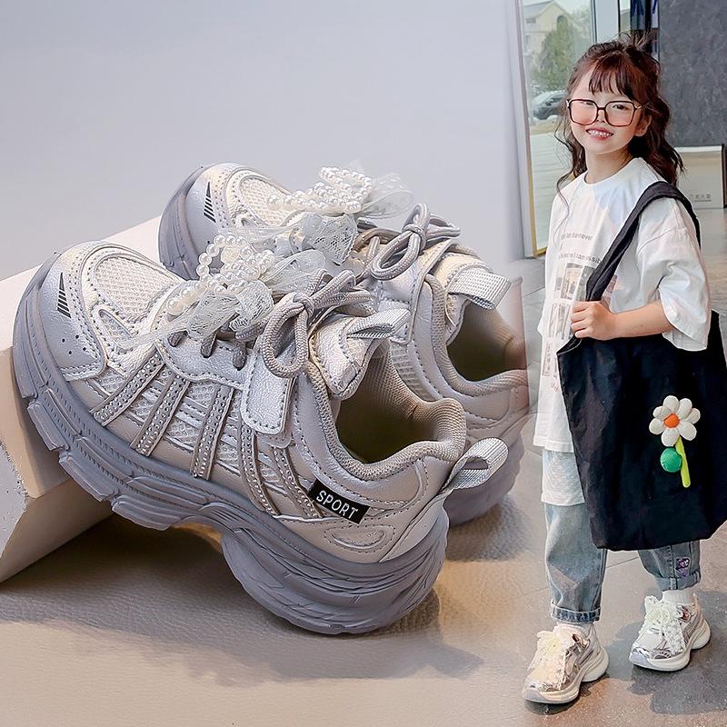 Girls' Sports Shoes Are Comfortable and Breathable Fashion Dad Shoes 2025 Autumn New Foreign Style Pearl Bow Princess Shoes