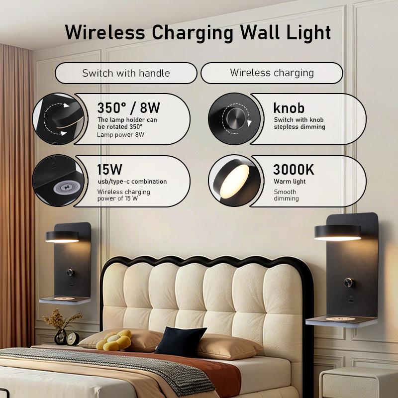 LED Wall Lamp with Wireless and USB Dual Charging Ports for Bedroom and Hotel Reading