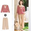 Women's Autumn Striped Faux Two-Piece Top and Straight-Leg Pants Set