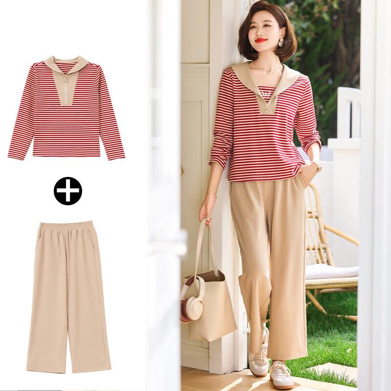 

Осенний полосатый комплект из топа и брюк, имитирующий двойку, для женщин 3XL