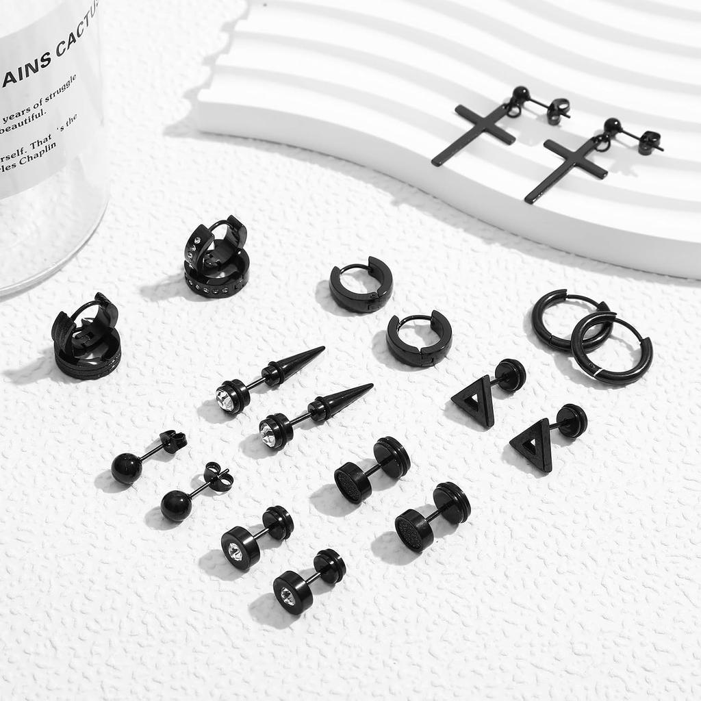NEWITIN 24 Pairs Stainless Steel Earrings for Men Hypoallergenic Inlaid Cubic Zirconia Studs Hoop Earring Cross Dangle Earrings Unisex Punk Stud