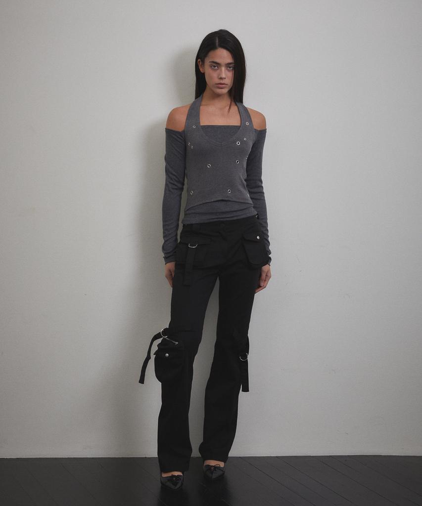 Bunteu Eyelet Halter Long Sleeve (Charcoal)