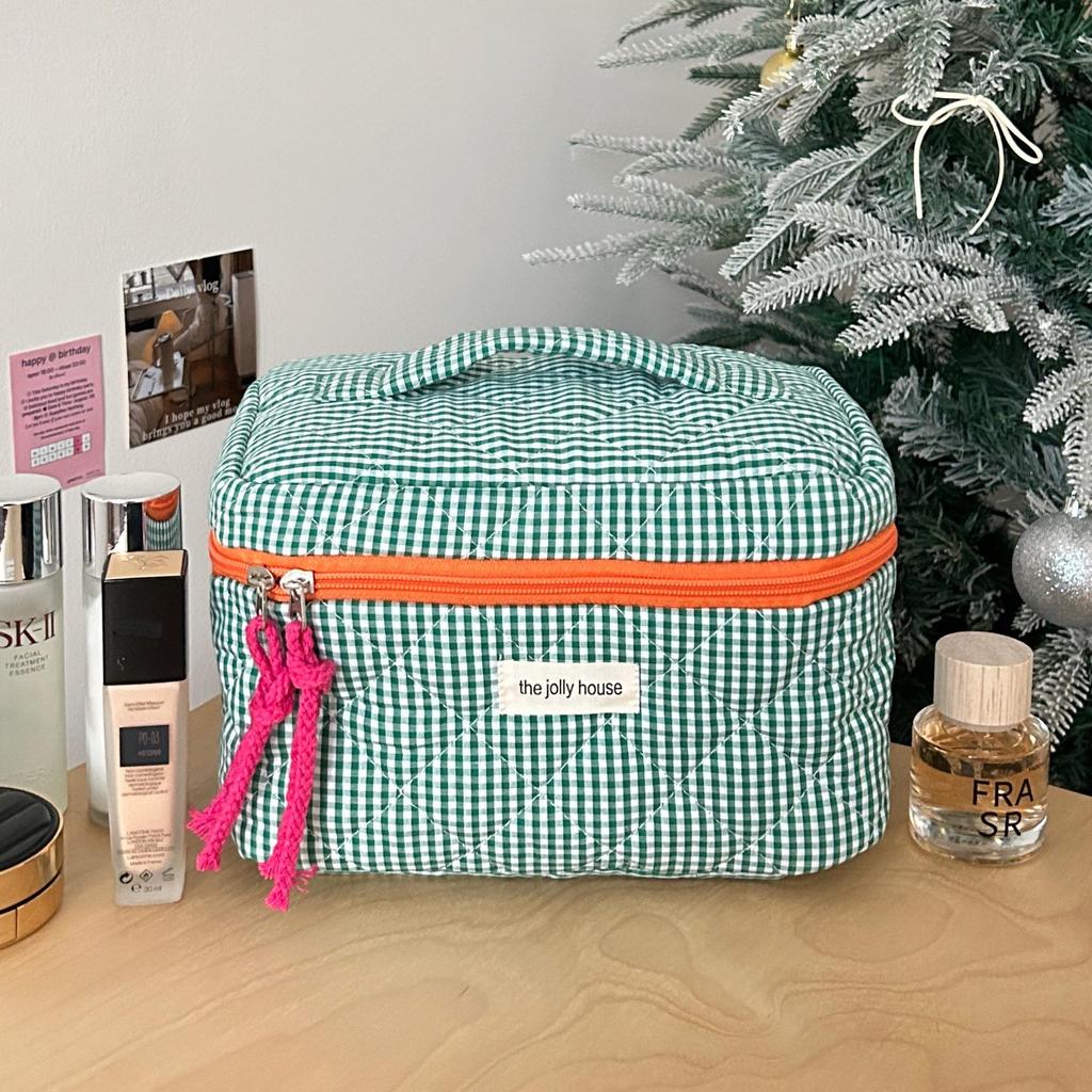Creative Contrast Color Plaid Cosmetic Bag: Large Capacity, Hand-Held Travel Makeup Brush Storage for Women
