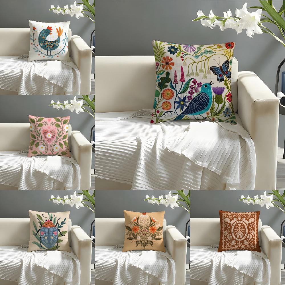 Butterfly, Bird And Flower Print Pillow Case Cotton Linen Fabric Square Zipper Pillowcase Home Decorative Living Room