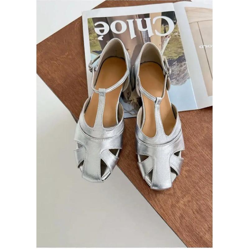 

2025 Женские сандалии с закрытым носком Туфли Костюм Женские Бежевые Пряжка Дышащие Летние Каблуки Черные Новые Низкие Девочки Комфорт Гладиатор 35 серебряный