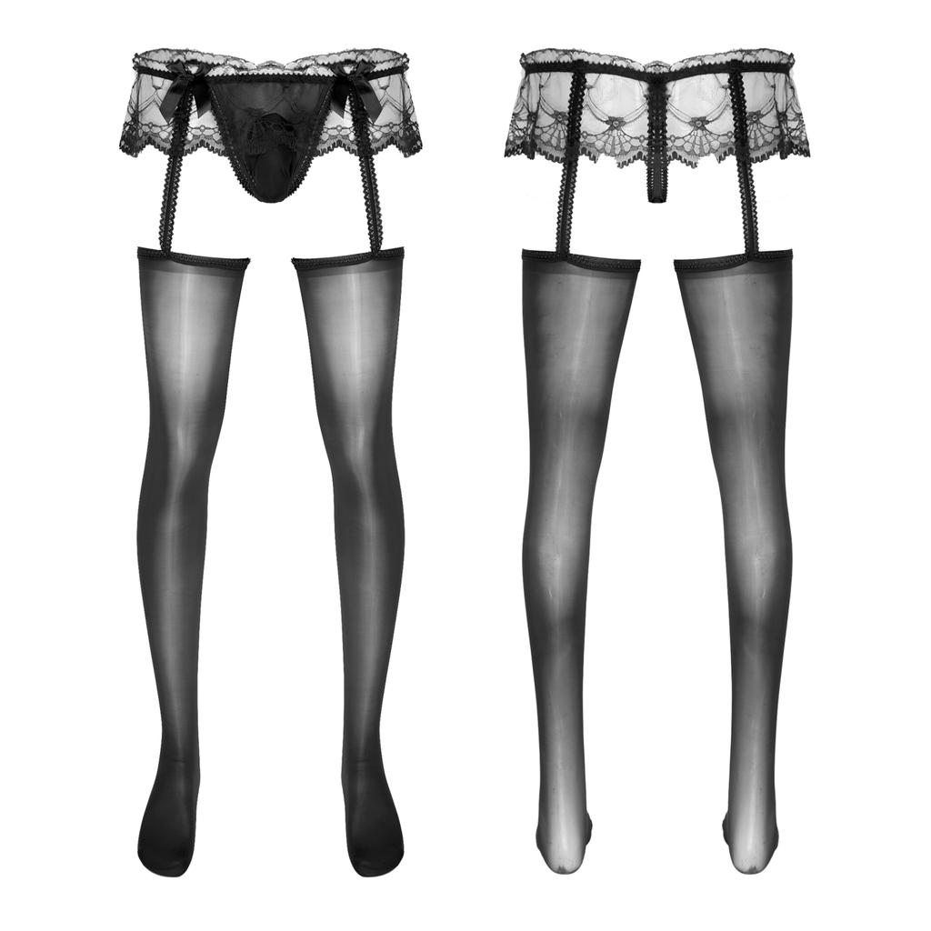 Mens Exotic Sheer Lace Briefs with Stocks Cutout Pantyhose Bulge Pouch G-Strings Glossy Garters Leggings Sissy Nightwears Party