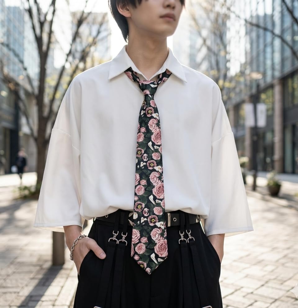 [HANG OVER] Men's Rose Tie - Floral Pattern Tie, Black, BusinessCasual, Stylish, Gift-ready, Silk-touch Polyester, 8cm Blade, tie2603-11