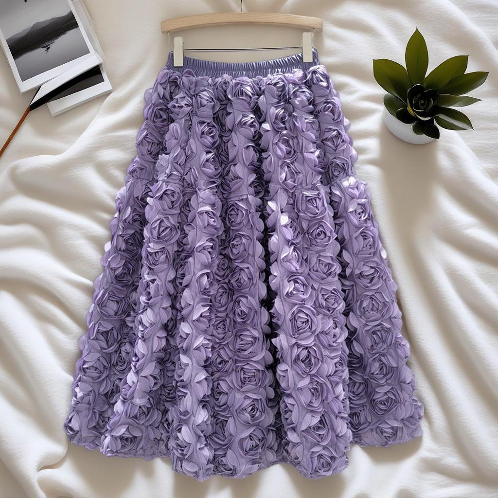 French A-Line High Waist Skirt with 3D Flowers - Spring/Winter Collection