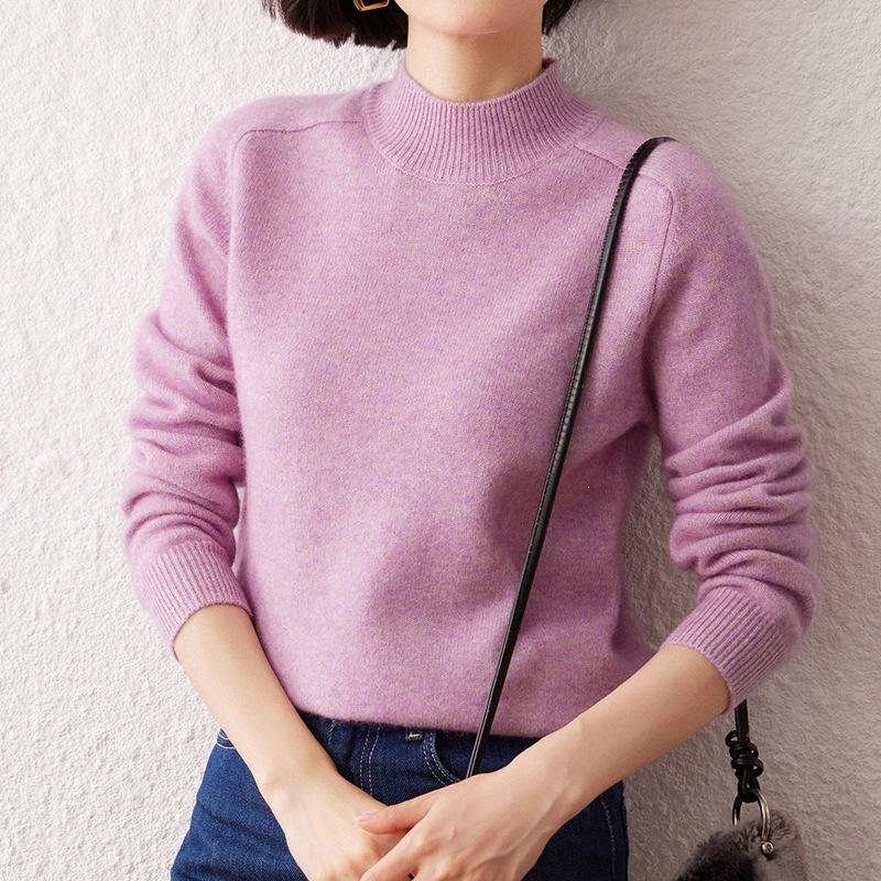 Women's Versatile Cashmere Sweater - Half-High Neck, Thick Pure Color Pullover, Loose Knit Wool Base Layer for Autumn and Winter