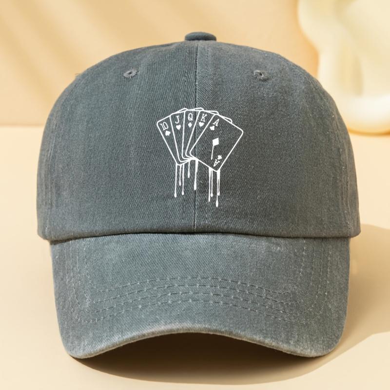 Poker Card Printed Washed Baseball Cap Versatile Classic Curved Brim Hat Suitable For Vacation, Travel, Camping And Leisure