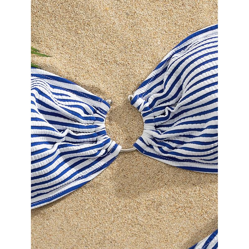 Sexy Blue Striped Bikini Women Front Ring Bandeau Push Up Thong Swimsuit Summer Bathing Suit Two Piece Swimwear Biquini