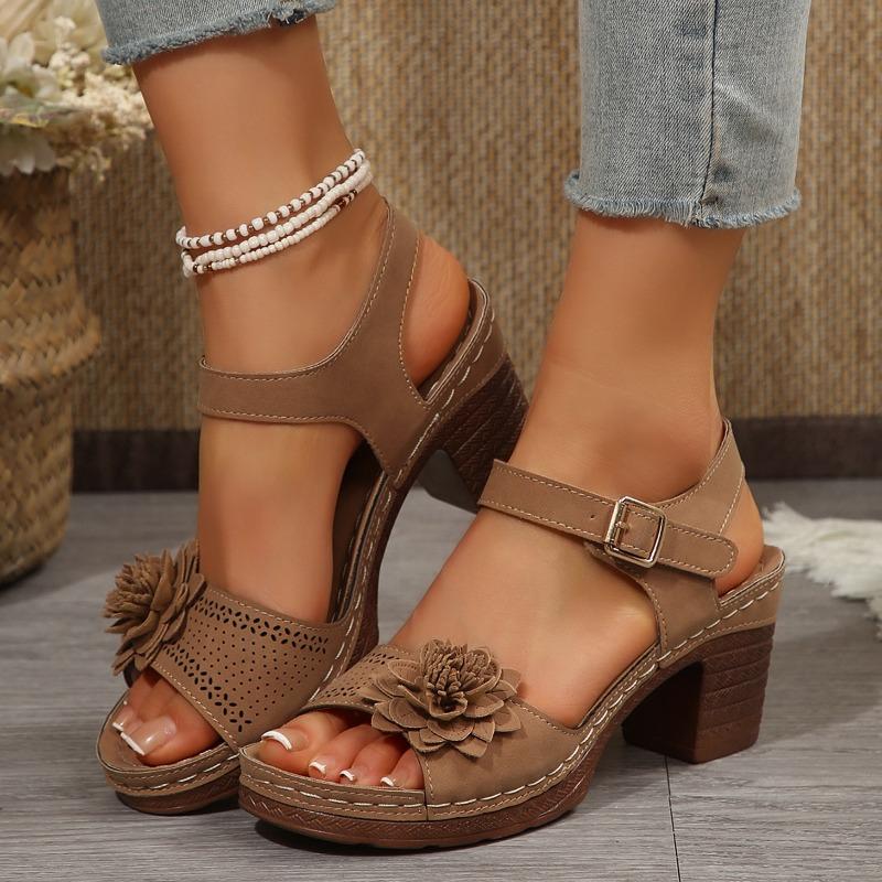 New flower high-heeled sandals thick heel one-word buckle women's sandals