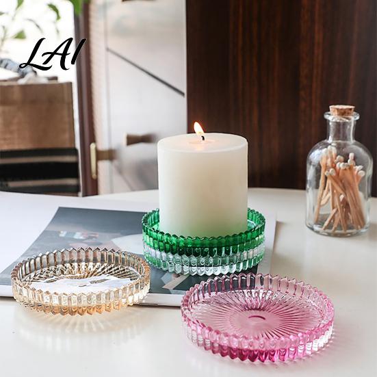 Decorative Candle Holder Pillar Tray Round Glass Green Dish Modern for Home Table Decor Pink