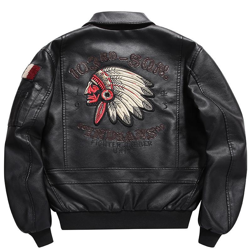 Autunno Inverno Uomo Giacca in pelle moto Risvolto Ricamo Vintage Locomotiva Giubbotti Pu Biker Coat Streetwear Maschile