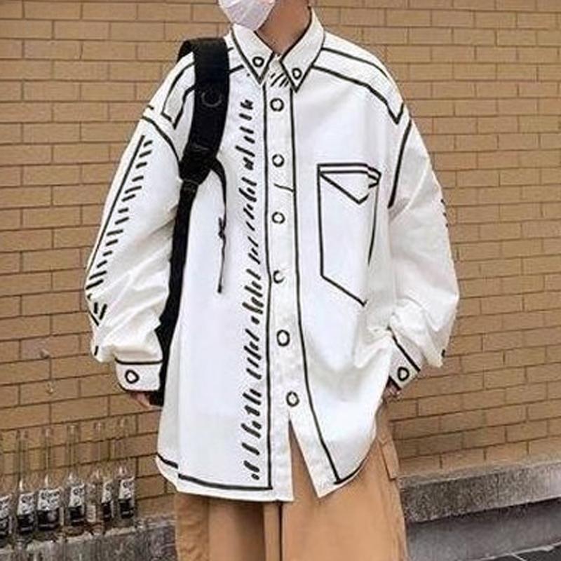 Nadměrná jarní pánská košile s dlouhým rukávem, klopou, kresleným potiskem, ležérní topy