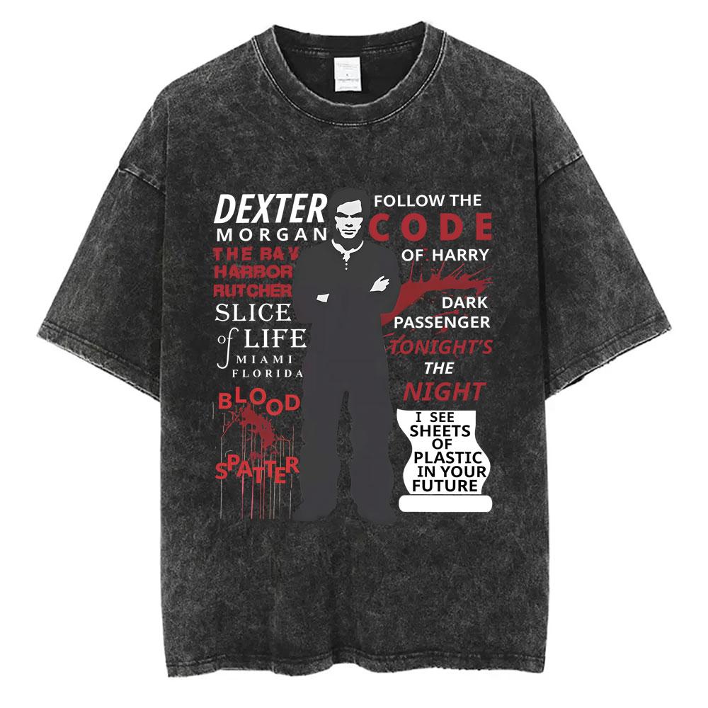 Washed Vintage TV Play Dexter Morgan Face Graphic Tshirt Men Women Casual Cotton Oversized T Shirt Male Classic Gothic Tshirts