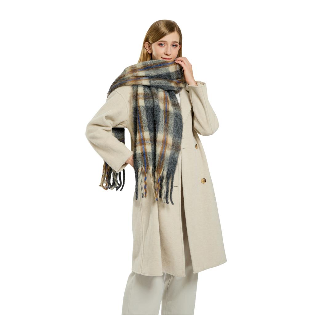 Autumn and winter wool plaid scarf women's high-end imitation cashmere versatile simple warm thickened fringed scarf