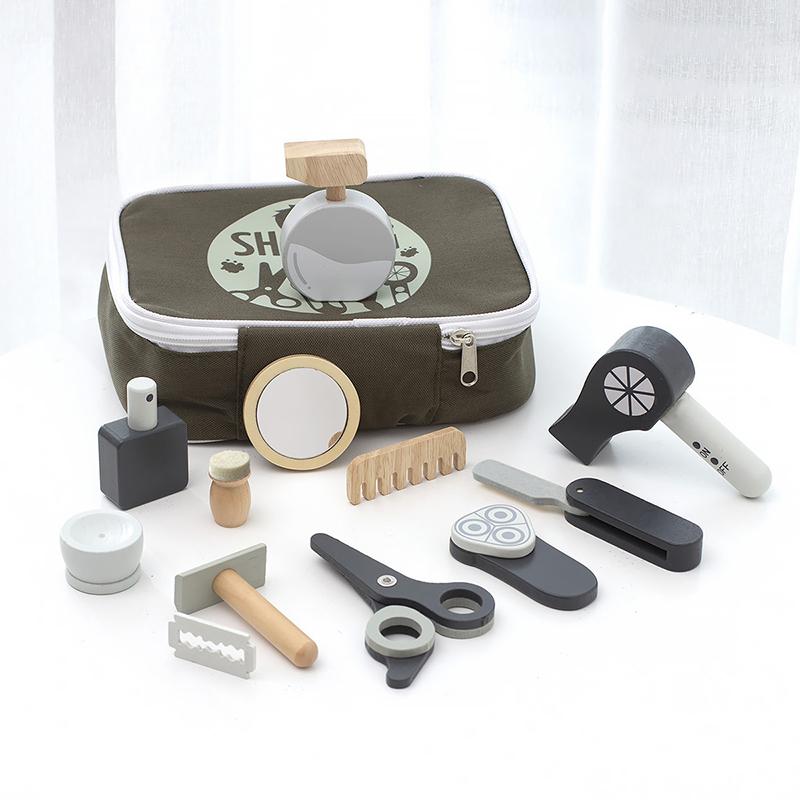 Kids Wooden Makeup Haircut Toy Beauty Fashion Salon Playset Games Combs Hair Dryer Pretend Play House Barber Makeup Kit Girl Toy